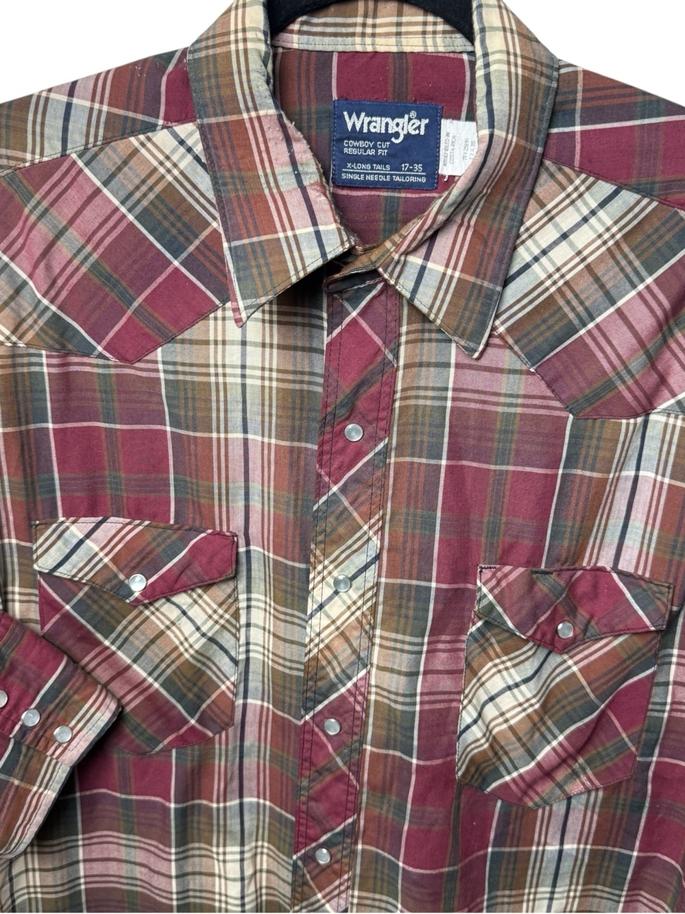 Vintage Wrangler Western Pearl Snap Shirt Men’s XL Cowboy Red Plaid Long Sleeve